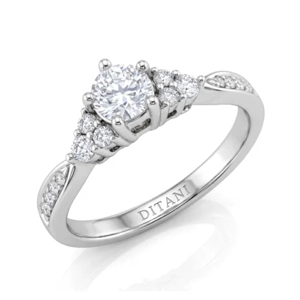 Diamond engagement ring with a large center stone and multiple surrounding diamonds set in a white gold band.