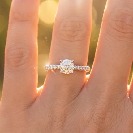 Close-up of a diamond engagement ring on a finger with sun flare behind the stone