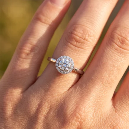 Rose-gold halo engagement ring with a large center diamond surrounded by a pavé halo on the finger outdoors.