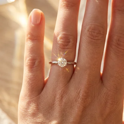 Close-up of a hand wearing a solitaire diamond engagement ring on the ring finger, sunlight sparkling on the diamond.