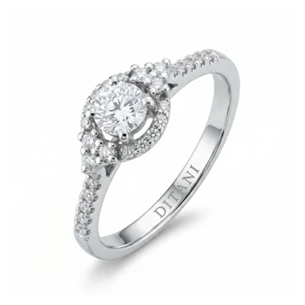 Silver engagement ring with a large central diamond surrounded by a double halo of smaller diamonds on a pavé band