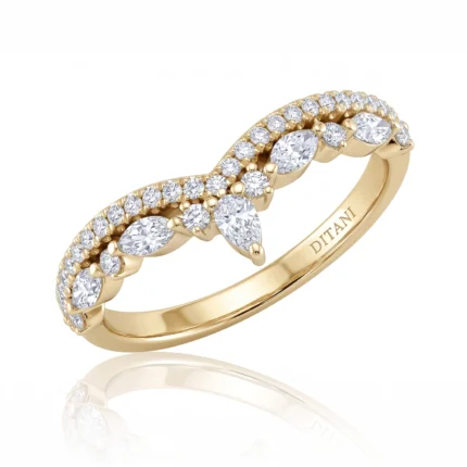 Gold ring set with two marquise-cut diamonds and a double row of pavé diamonds along the band, finished with a polished inner inscription surface.