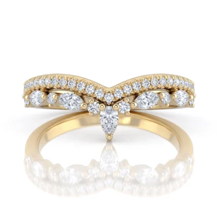 Gold ring with a curved diamond pavé band and a pear-shaped center diamond forming a V at the front.