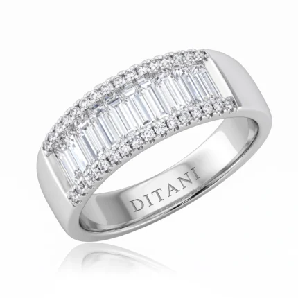Elegant white-gold ring with two rows of baguette diamonds and small pavé diamonds along the edges, interior engraved 'DITANI'.