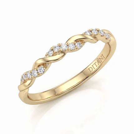 Gold ring with a twisted band set with small diamonds, showing an elegant intertwined design and 'DITANI' engraving on the inner side.