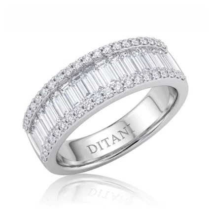 Silver ring with double rows of round diamonds and baguette-cut stones along the band; engraved 'DITANI' on the inner side of the band.
