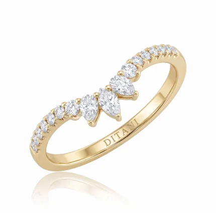 Gold ring with a row of alternating round diamonds, set in a curved band, brand name 'DITANI' engraved on the inner side