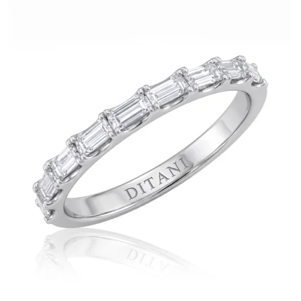 Silver ring with a row of baguette-cut diamonds along the band