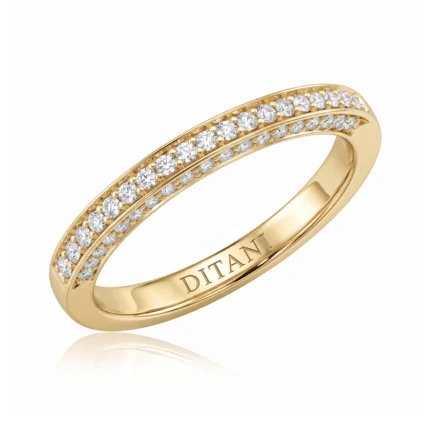 Gold ring with two rows of diamonds along the band and 'DITANI' engraved inside the band