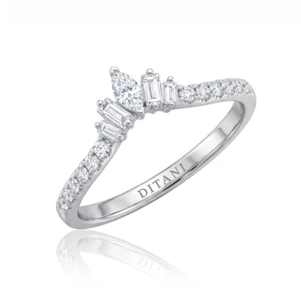 Silver ring with a row of diamonds along the band and a marquise-cut center diamond, inner band engraved DITANI.
