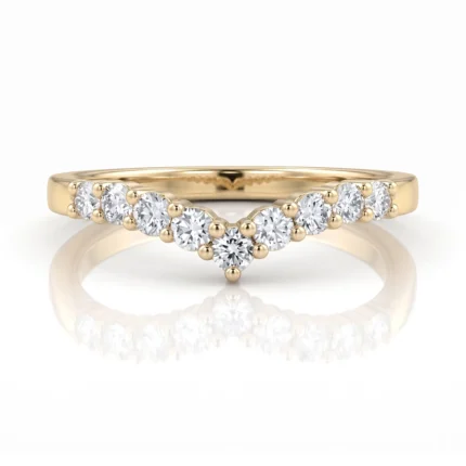 Gold ring with a row of round diamonds forming a V-shaped centerpiece along the band.