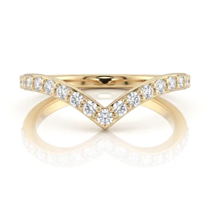 Gold ring with a V-shaped diamond row, two intertwined yellow-gold bands studded with small round diamonds.