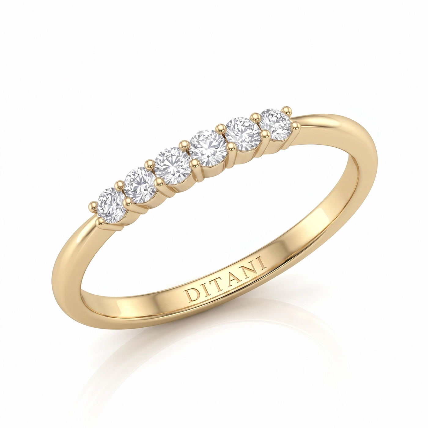 Халка с диаманти DITANI 13 - Ditani Gold ring with seven round diamonds in prong settings along the top; inner band engraved DITANI.