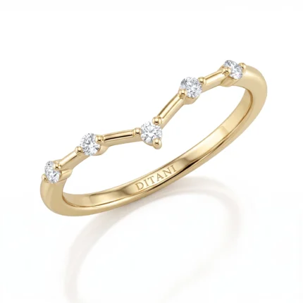 Gold ring in yellow gold with five round diamonds set along a curved, articulated band, engraved 'DITANI' on the inner edge.