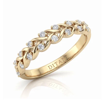 Gold ring with twisted braided design and diamonds, inner engraving reads DITANI