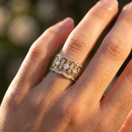 Close-up of a hand with an ornate gold ring featuring intricate filigree and sparkling diamonds.
