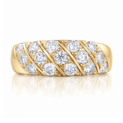 Yellow-gold ring with a lattice of round diamonds set in diagonal rows across the front, elegant and sparkly.