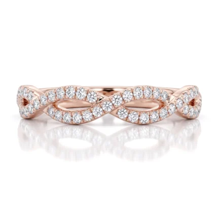 Rose gold double-infinity ring encrusted with diamonds, elegant jewelry piece.