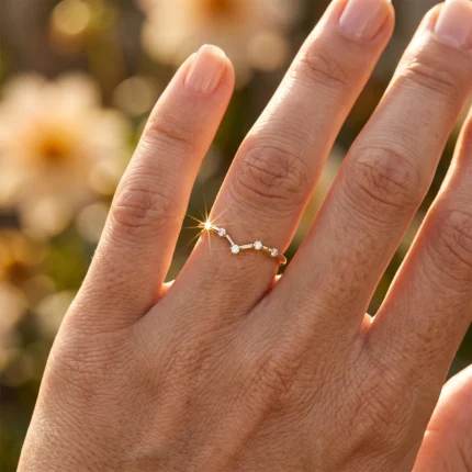 Delicate diamond ring on a finger, catching sunlight with a starburst sparkle behind it on a warm, blurred background.