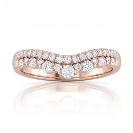 Rose gold ring with a curved row of diamonds, featuring larger center stones and smaller side stones