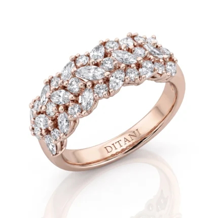Rose gold ring with a cluster of marquise- and round-cut diamonds along the top, band engraved with DITANI.