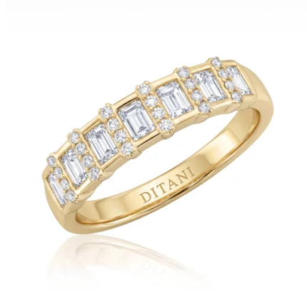 Gold ring with alternating baguette and round diamonds along the band, inner engraving reads DITANI.