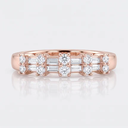 Rose gold band with a row of diamonds, alternating round and baguette-cut stones, evenly spaced.