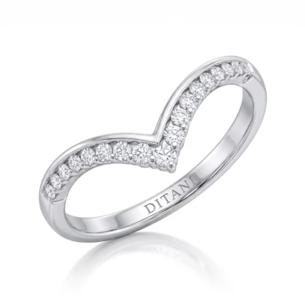 Silver ring in a curved heart-shape design with pavé diamonds along the open center and 'DITANI' engraved inside.