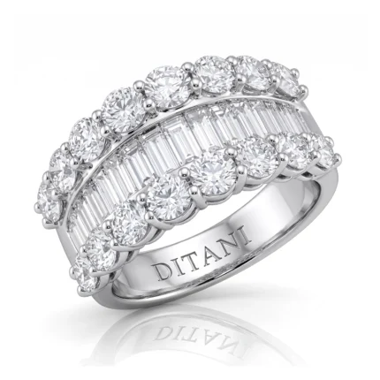 Silver ring with two rows of round diamonds and a row of baguette diamonds, engraved DITANI on the inner band.