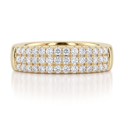 Gold band ring with multiple small diamonds set in a pavé grid across the top.
