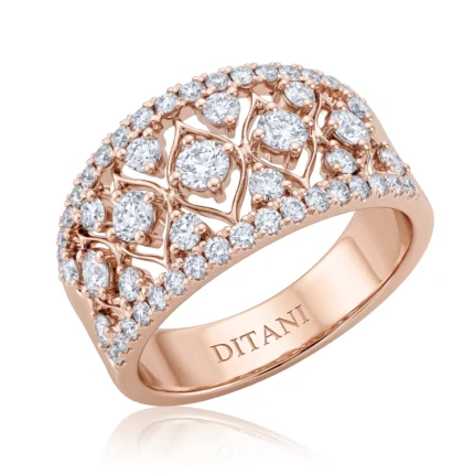 Rose gold ring with a lattice, leafy diamond design and 'DITANI' engraving inside; many small and a few larger diamonds set all around