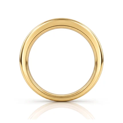 Gold wedding band with a polished, reflective finish on a white background.