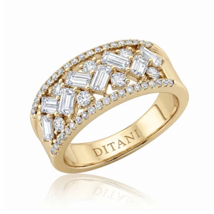 Gold ring with two rows of diamonds, featuring square-cut and round stones and 'DITANI' engraving inside the band.