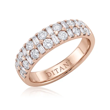 Rose gold multi-row diamond ring with prong-set stones and engraved inner band reading DITANI