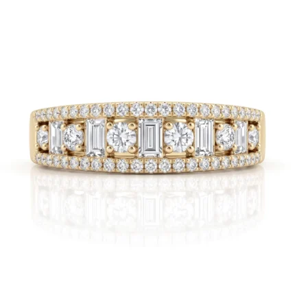 Gold ring with a row of small diamonds along the edges and a center alternating pattern of round and emerald-cut diamonds set in a pavé and bezel design