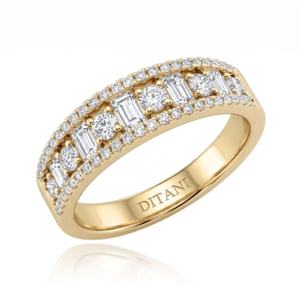 Gold ring with two rows of diamonds along the top and 'DITANI' engraved inside the band