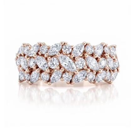 Rose gold ring encrusted with marquise-cut diamonds in a clustered, sparkling band.