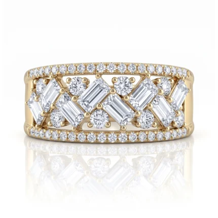 Gold ring with an intricate lattice of diamonds, featuring square-cut gemstones and rounded diamonds set in a yellow-gold band