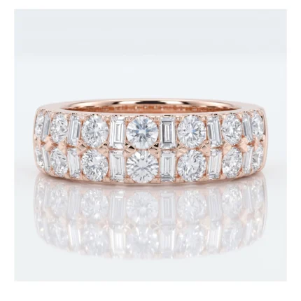 Rose gold band with alternating round and baguette-cut diamonds, a sparkling eternity-style ring.