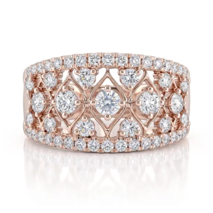 Rose gold diamond ring with a lattice, openwork design and multiple round diamonds along the band and centerpiece center stone edge-to-edge brilliance