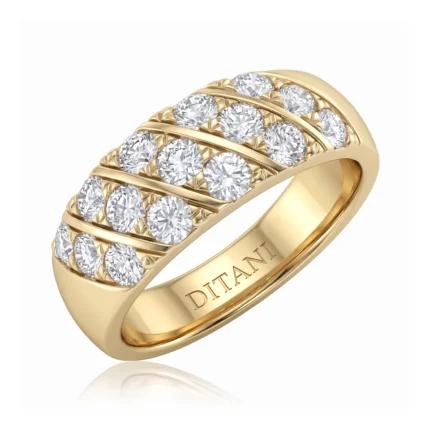 Gold ring with a wide band featuring four rows of sparkly round diamonds in a lattice design, inner engraving reads DITANI.
