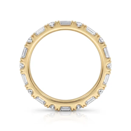 Gold ring with alternating baguette and round diamonds set around the band, in a scalloped bezel design.