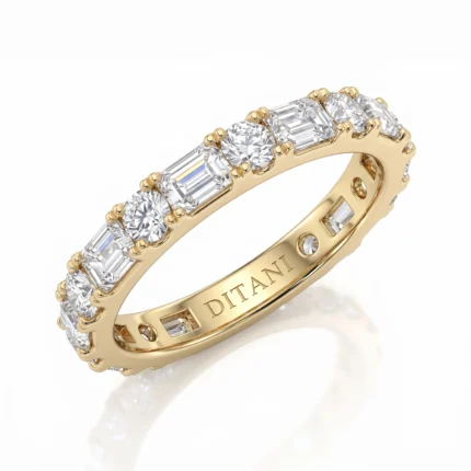 Gold eternity ring with a row of diamonds, round and baguette cuts, and 'DITANI' engraved inside the band.
