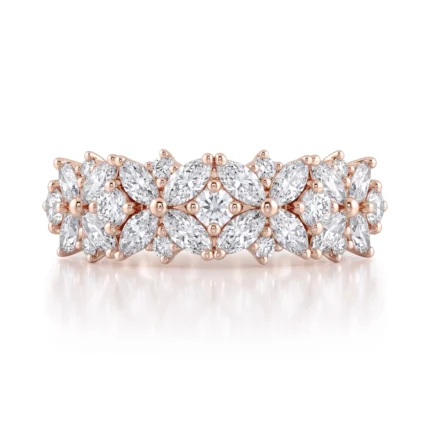 Rose gold ring with a floral cluster of marquise- and round-cut diamonds forming petals.