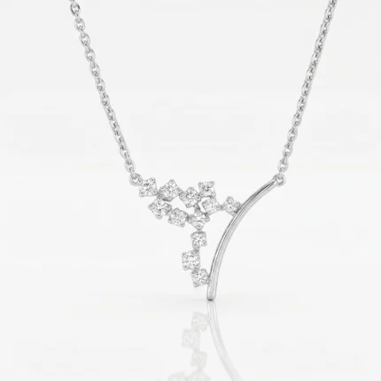 Silver necklace with a curved bar pendant set with small diamonds in a floral cluster design.