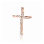 Rose gold cross pendant encrusted with diamonds along its arms, vertical and horizontal bars forming a shimmering cross
