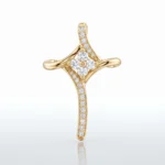 Gold cross pendant encrusted with diamonds along its arms and center stones, on a white background, elegant jewelry piece