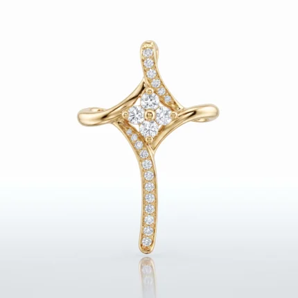 Gold cross pendant encrusted with diamonds along its arms and center stones, on a white background, elegant jewelry piece