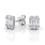 Square-cut diamond stud earrings with a halo of smaller diamonds set in white metal, shown on a white background