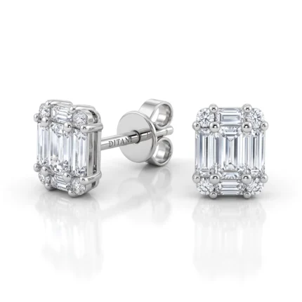 Square-cut diamond stud earrings with a halo of smaller diamonds set in white metal, shown on a white background
